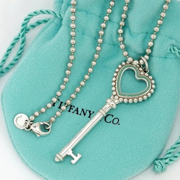 Tiffany & Co. Large Heart Key Blue Enamel Necklace 20" Silver 925 Auth w/Bag